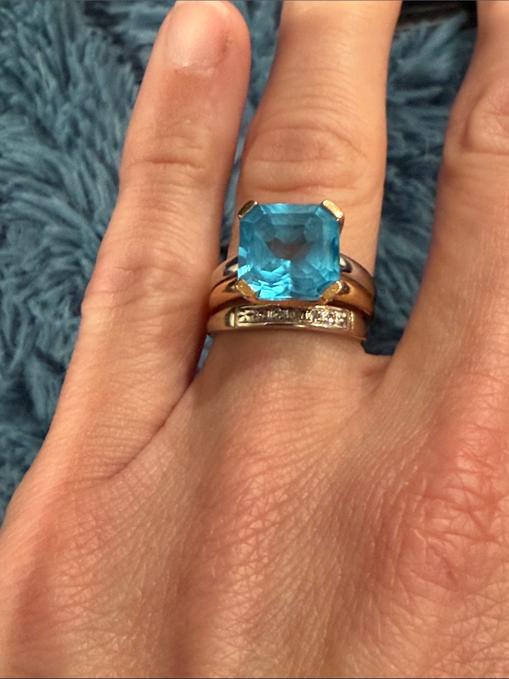 Blue Emerald-Cut Gemstone Ring with Diamond Accent Band - Blue
